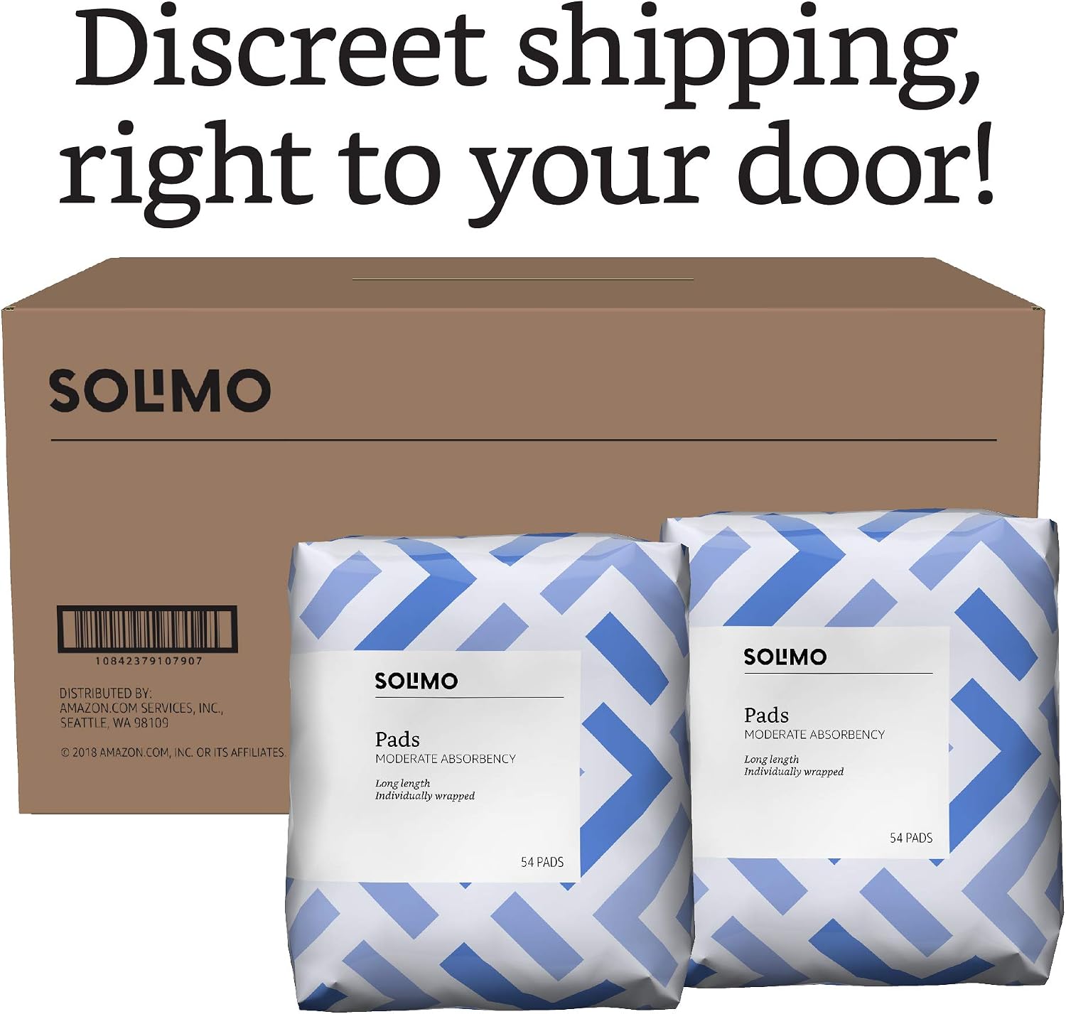 Amazon Brand - Solimo Incontinence/Bladder Control Pads for Women, Moderate Absorbency, Long Length, 108 Count, 2 Packs of 54
