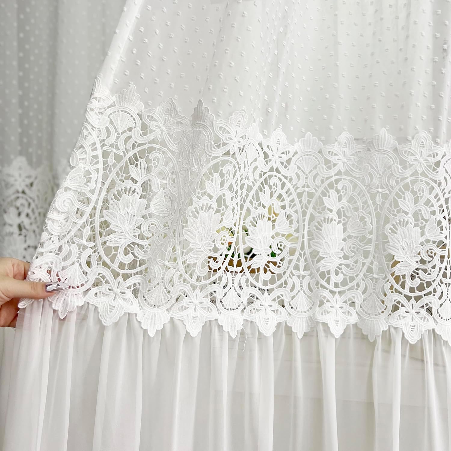 Luxury White Pom Pom Sheer Curtains for Living Room Bedroom Hollow Embroidered Lace Curtains Ruffle Light-Filtering Pompom Tulle Drapes for Window Grommet Top 2 Panels (W55 L84 inch,White)