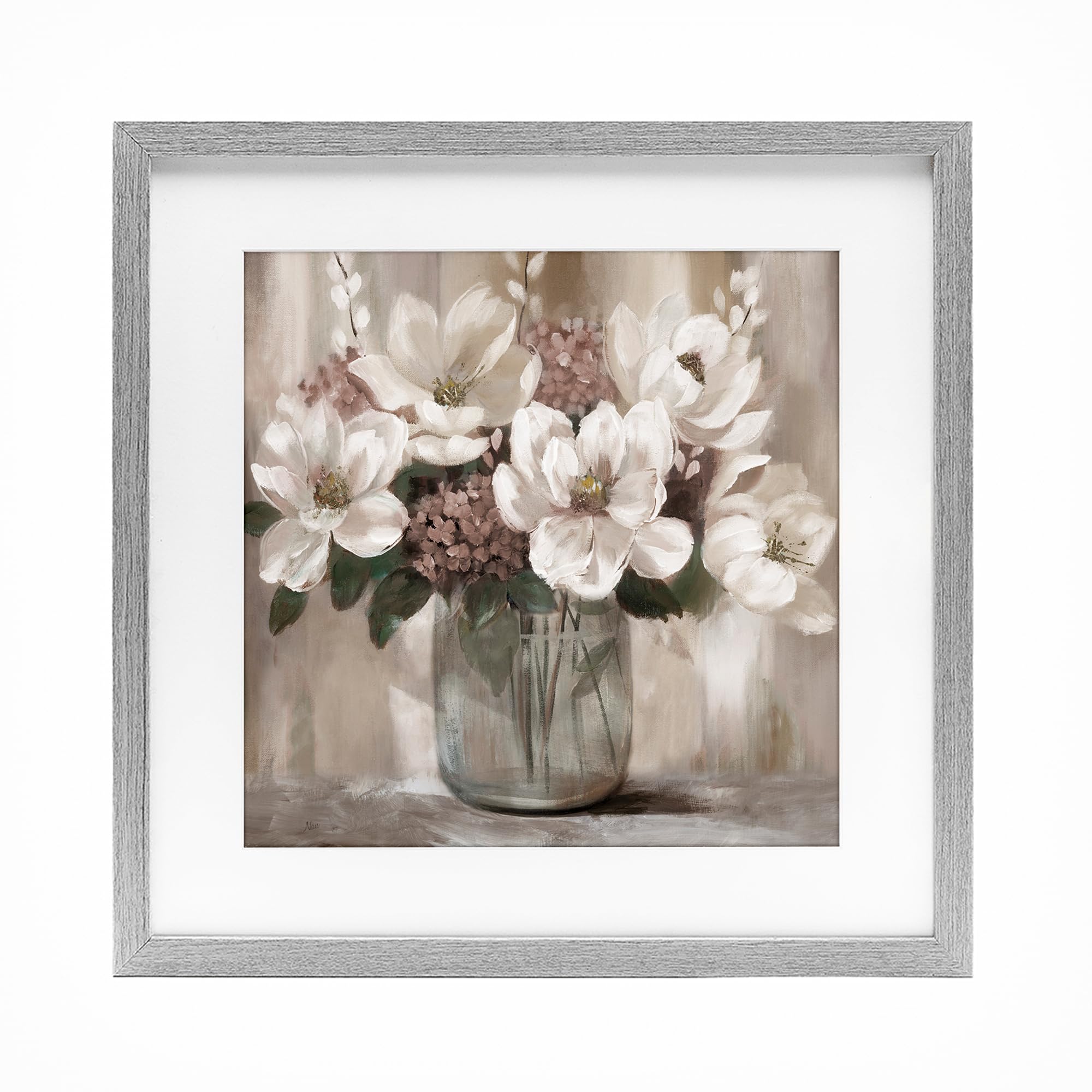 Stupell Industries Farmhouse Gray (Textured) Ivory Magnolias Vase Floral, 16 X 16 Inch Framed Print Under Glass