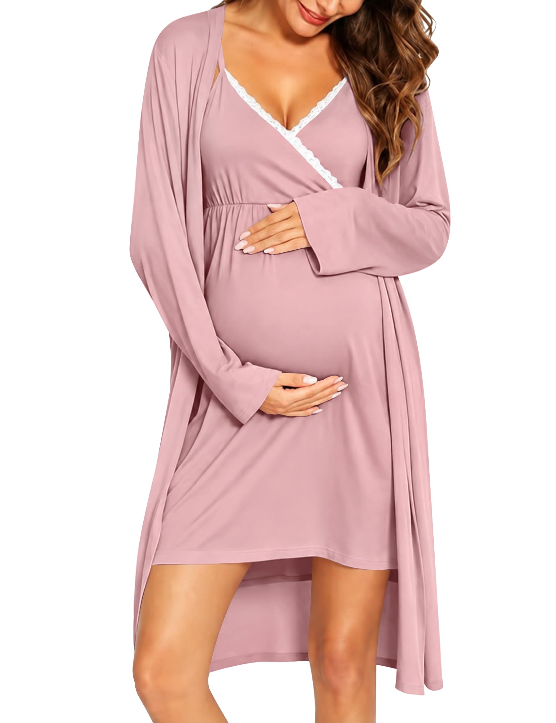 SWOMOG Womens Maternity Robe 2 Piece Nursing Nightgown for Breastfeeding 3 in 1 Labor Delivery Nursing Dress Lace Bathrobe