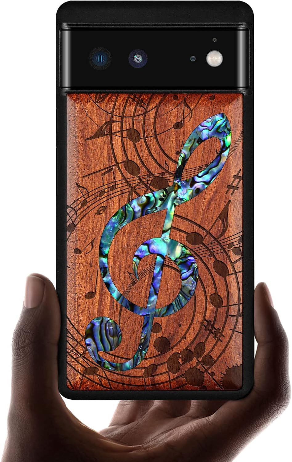 Carveit Designer Wooden Case for Google Pixel 6 Case Protective Cover [Wood Engraving & Shell Inlay] Unique Wood Phone Case Compatible with Wireless Chargers Pixel 6 (Musical Note-Rosy)