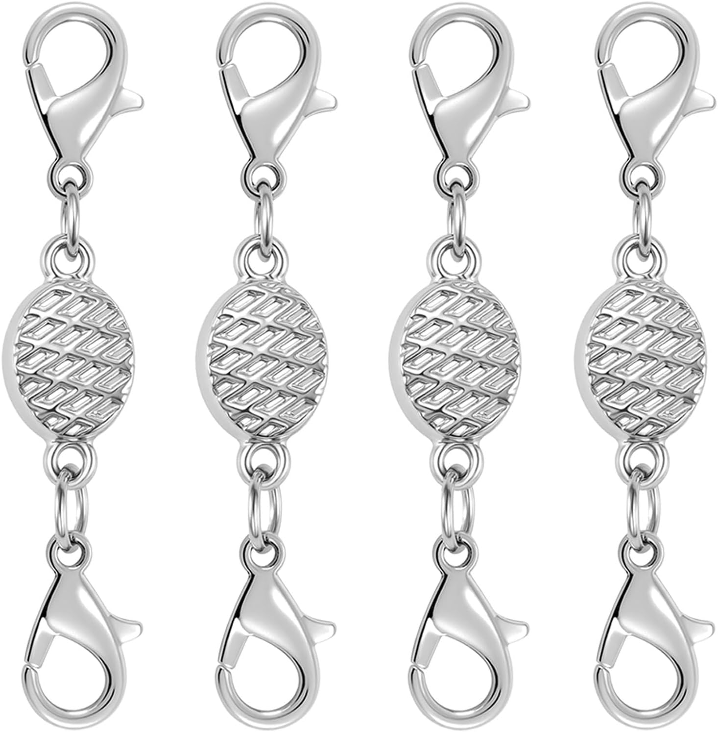 Magnetic Necklace Clasps and Closures-Magnetic Safety Clasp Extender with Lobster Clasps, Pineapple Texture Design, Gold and Silver (4pcs Silver)