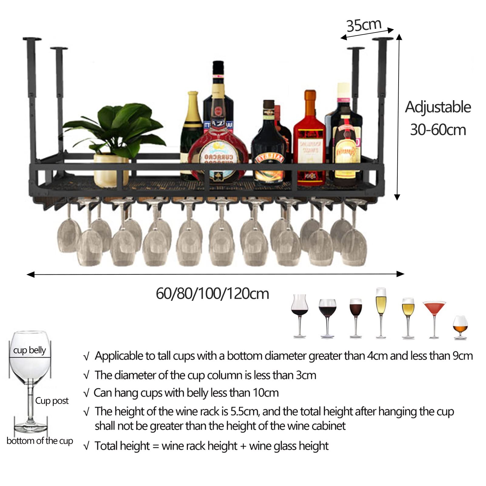 Soporte para botellas de vino para colgar en el techo, organizador de copas de vino de metal con diseño ajustable, acabado negro mate para almacenamiento en el hogar, bar o cocina