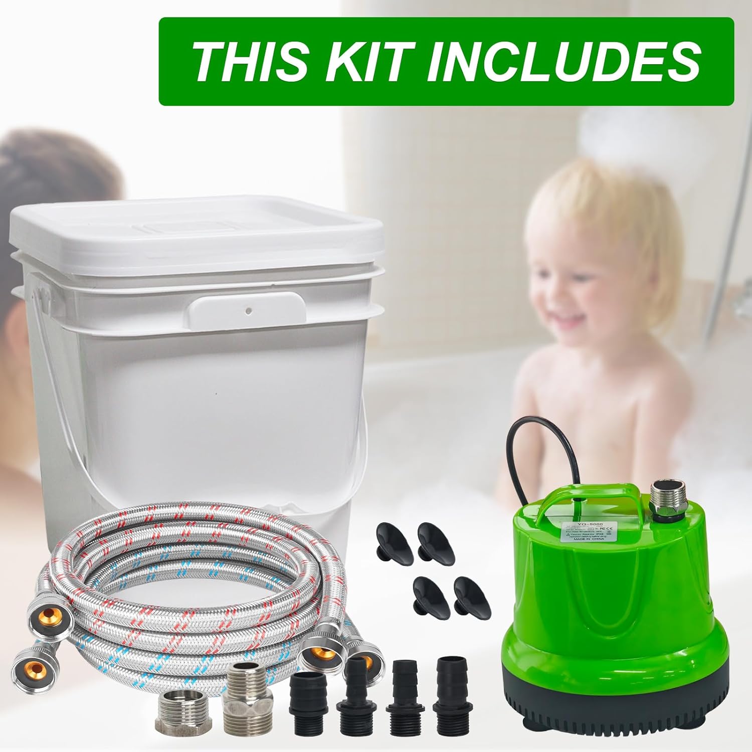 Tankless Water Heater Flushing Kit Includes 1/6HP Submersible Utility Water Pump with Adapters & 3 Gallons Pail & Hoses & Suction Cup Stabilizer, Efficient Cleaning Heater Flush Kit
