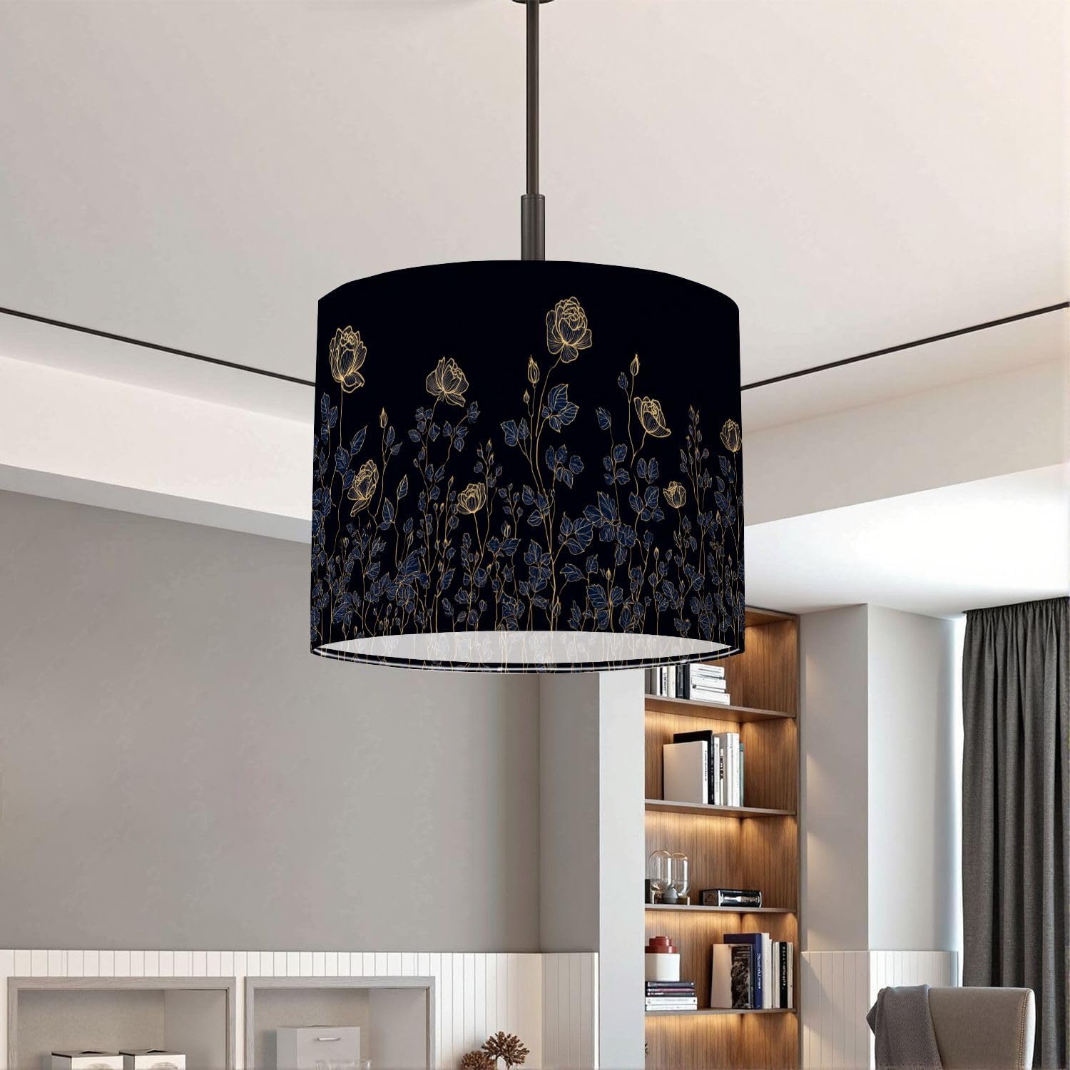 Lampshades Lamp Shades Boho 1 Pack Navy Blue Gold Floral Roses Flower Stems Leaves Delicate Light Shade for Table Lamps Floor Lamps Drum Lamp Shades Lampshade Replacement