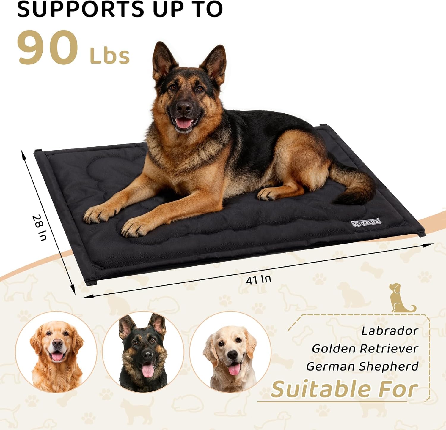 Chew Proof Dog Bed, Chew Resistanct Dog Crate Pad for Aggressive Chewers, Machine Washable Kennel Mat for Large Dogs, Black, 41''x28''