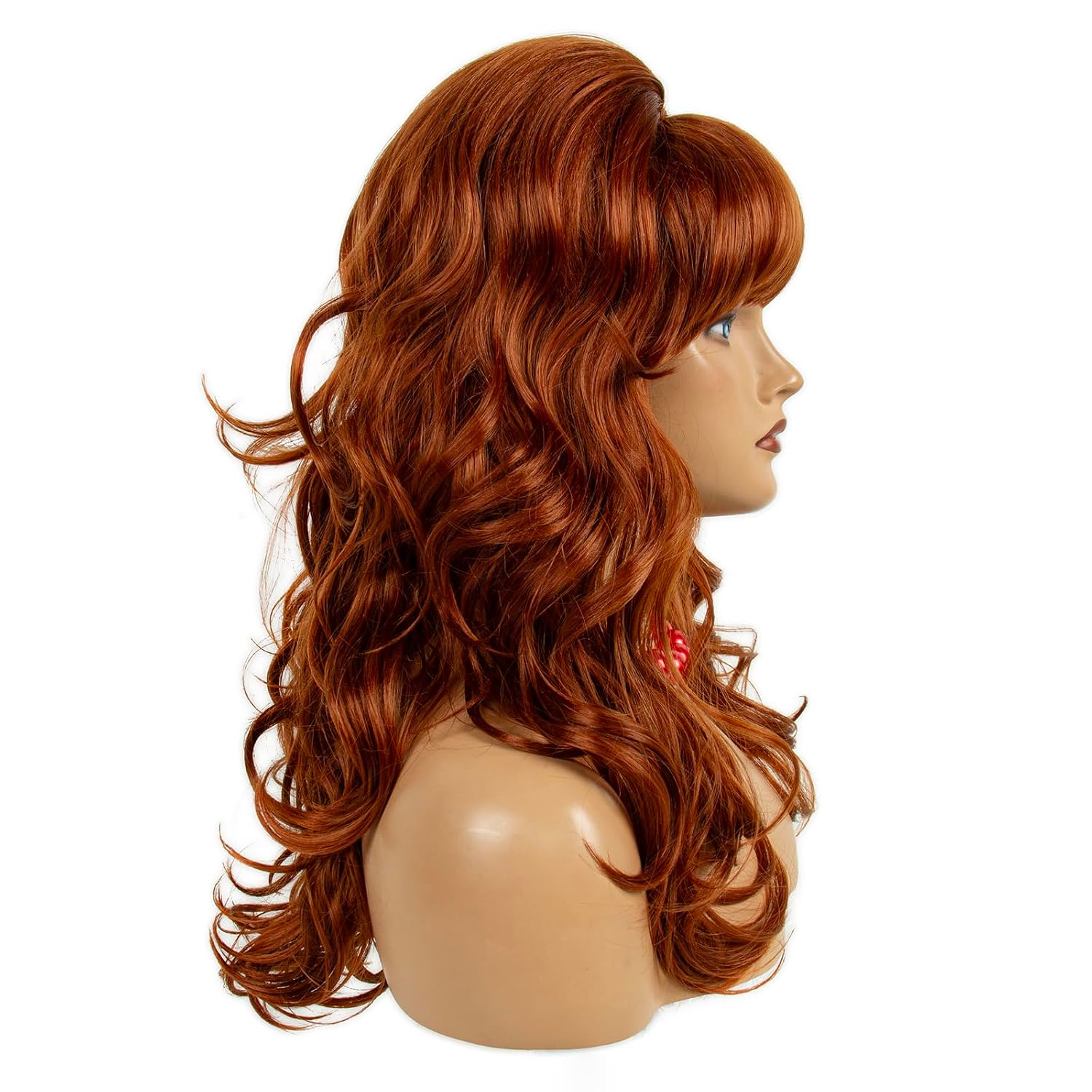 Copper Red Long Curly Beehive Wig with Red Pearl Necklace Vintage Wig with bangs for Women Costume Cosplay Fancy Dress 60s 70s Retro Wigs