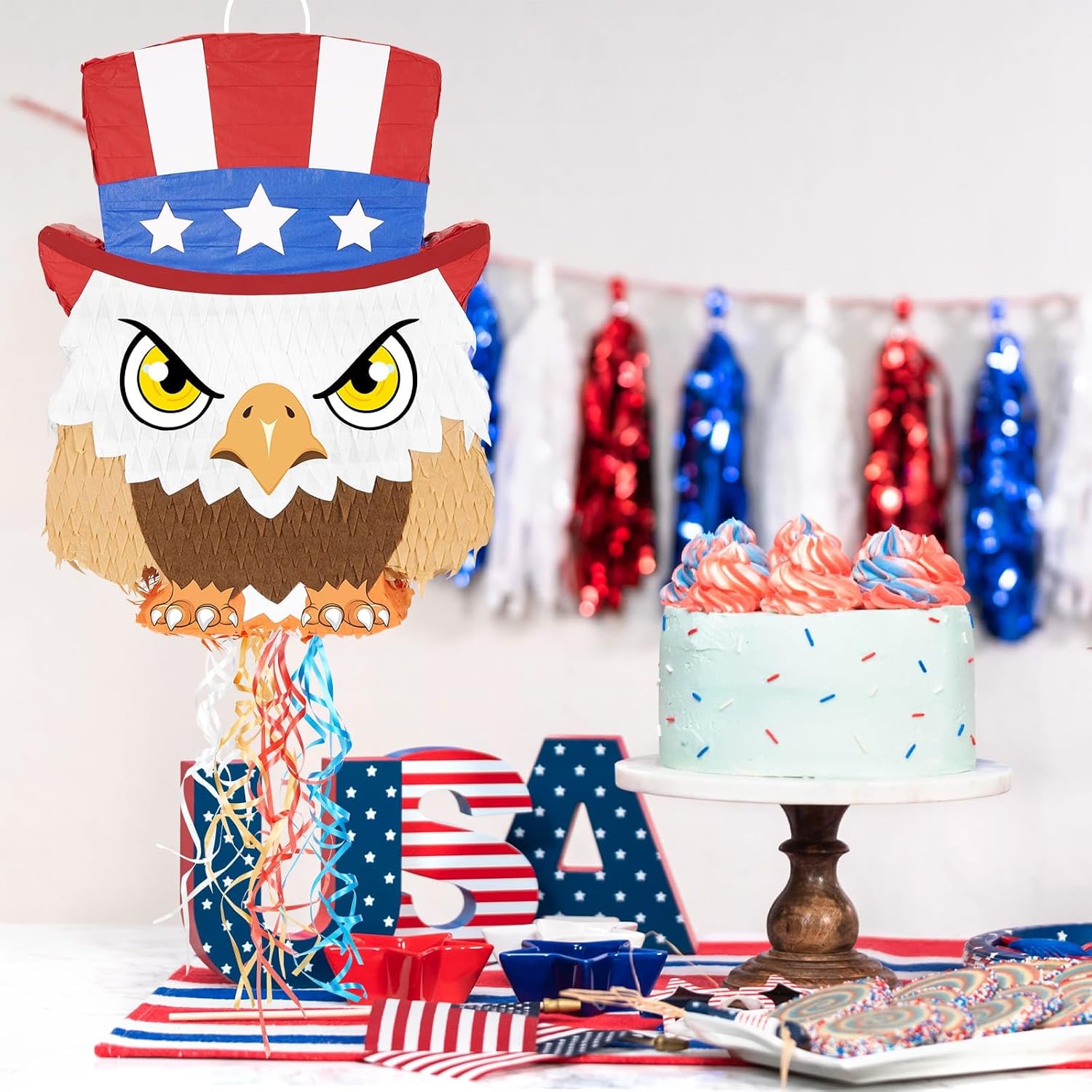 WERNNSAI 4th of July Piñata - Independence Day Piñata with Blindfold and Bat Fourth of July Theme Birthday Party Decorations American Flag Eagle for Kids Boys Bird Birthday Party Supplies