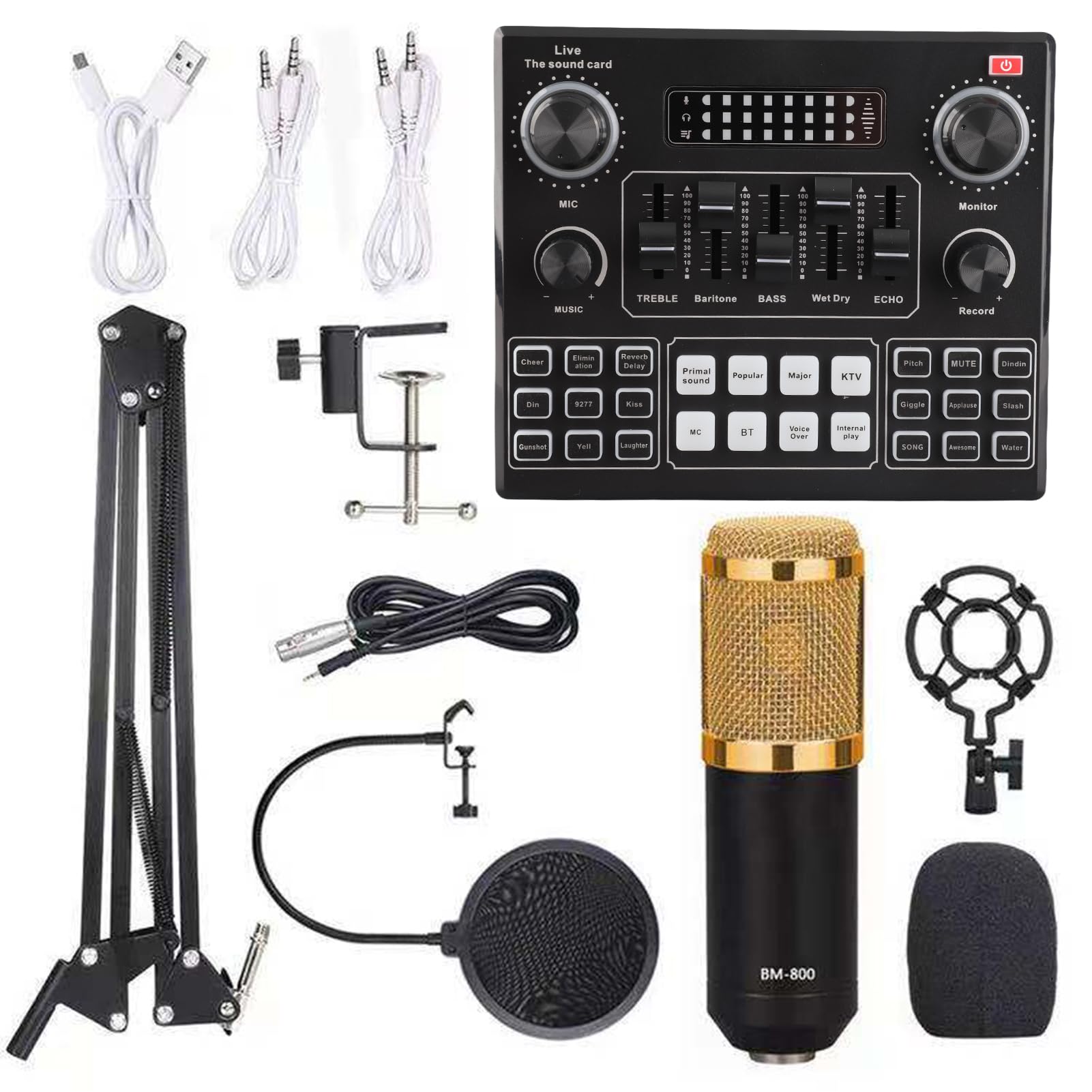 Eujgoov Intelligentes Soundkarten- und Mikrofon-Kit, ABS-Stahl, 12 Soundoptionen, Live-Streaming, Ideal für Podcaster und Musiker (Schwarz und Gold)