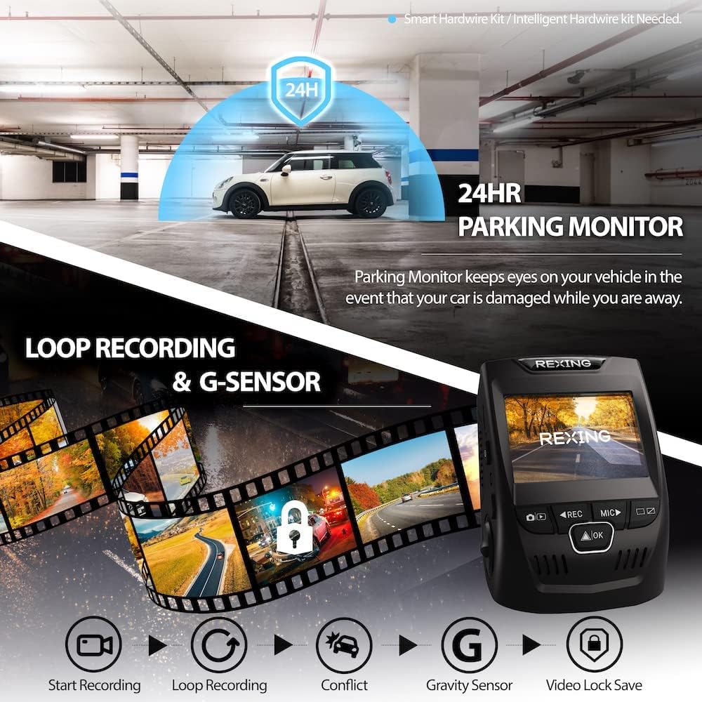 Rexing V1PGW-4K 2.4" LCD 2160p Front + 1080p Rear W/Built-in GPS, Wi-Fi 170° Wide Angle Dual Channel Dashboard Camera Recorder Car Dash Cam with Rear Cam,G-Sensor,WDR,Loop Recording,Mobile App (2022)