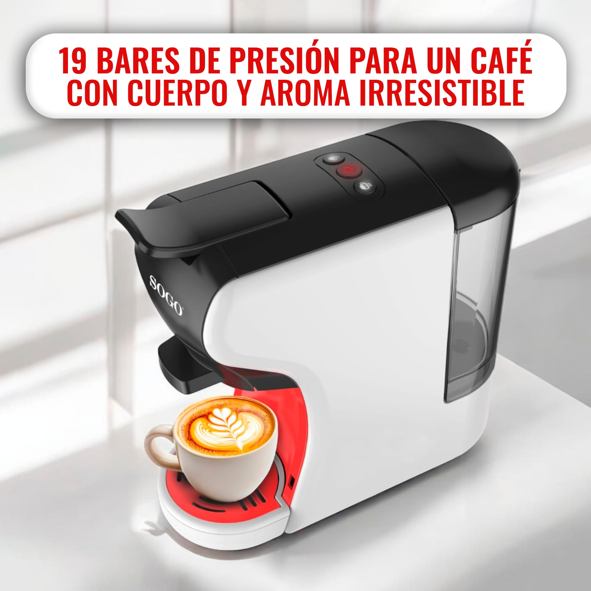 SOGO CAFETERA EXPRESO 3 EN 1 | Adaptadores para Cápsulas NESPRESSO®, DOLCE GUSTO®, STARBUCKS® | Café Molido, Monodosis, Té | Presión de 19 Bar | Tamaño Compacto (SS-5675) (Blanco)