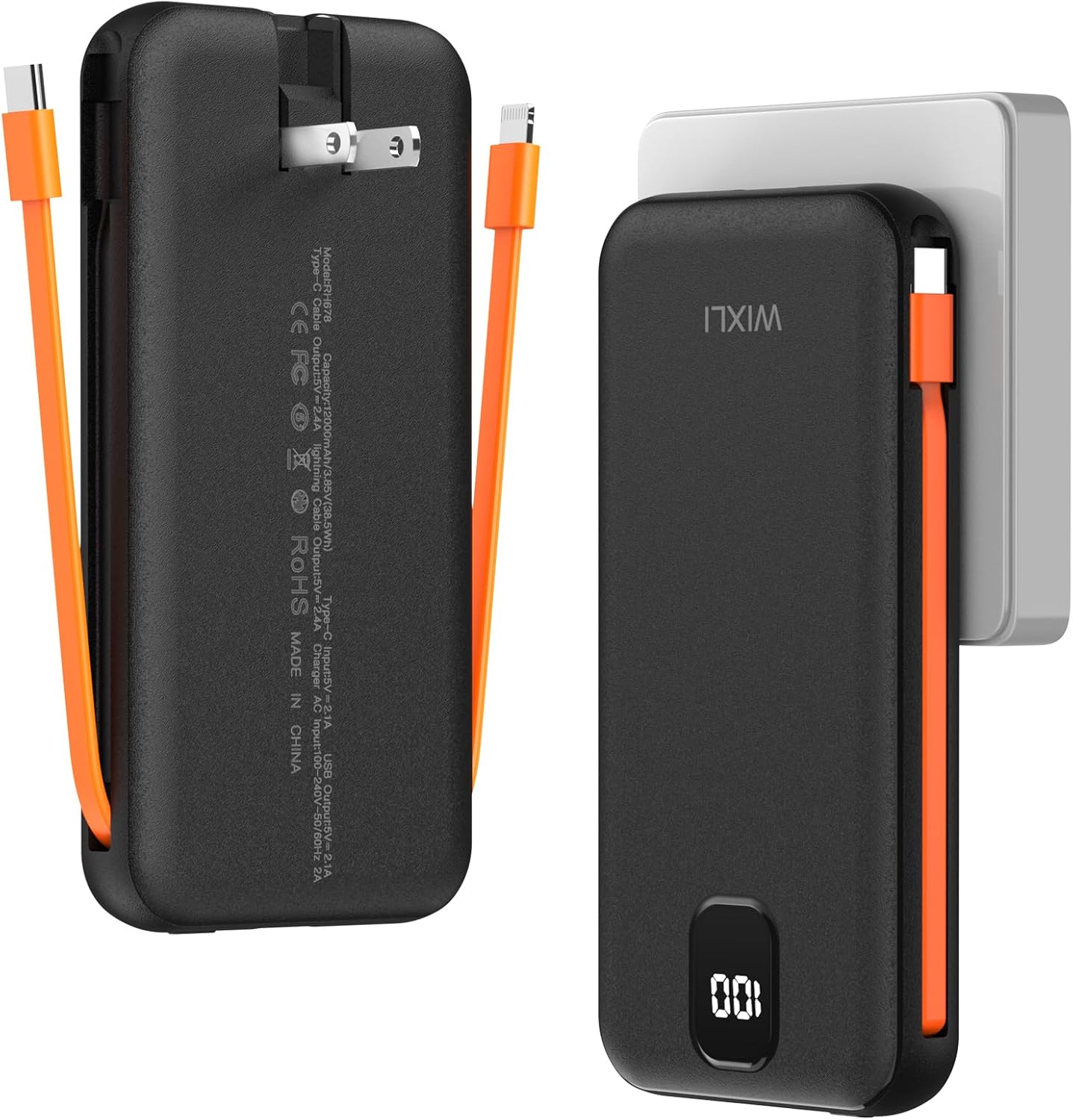 Portable Charger with Built in Cables and Wall Plug, 12000mah Slim Fast Charging USB C Power Bank, Travel Essential Battery Pack Compatible with iPhone 16/15/14/13, Android Phone etc (Black)