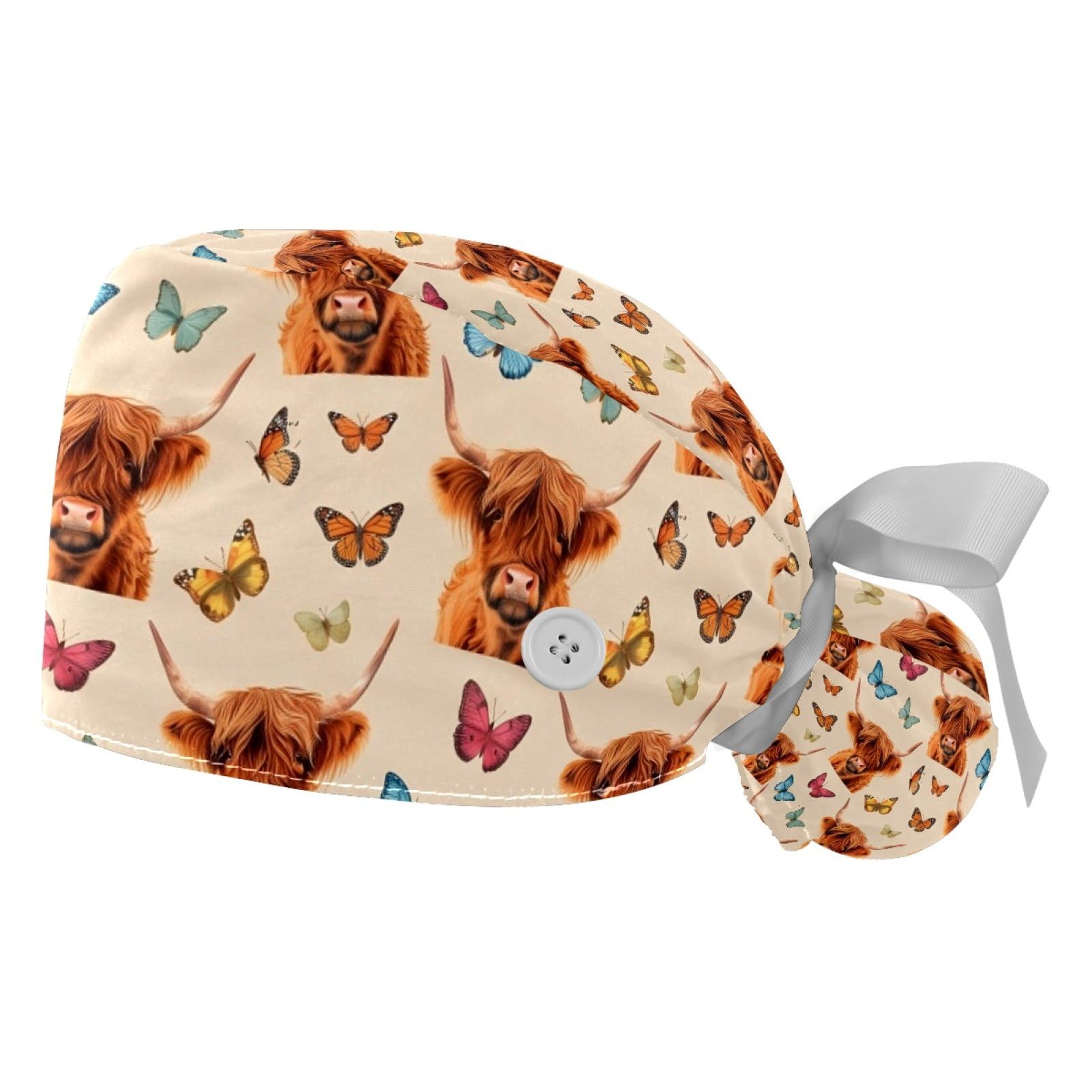 2 PCS Bouffant Cap with Button Ponytail Pouch Working Cap Sweatband Adjustable Surgical Cap Black and White Cow