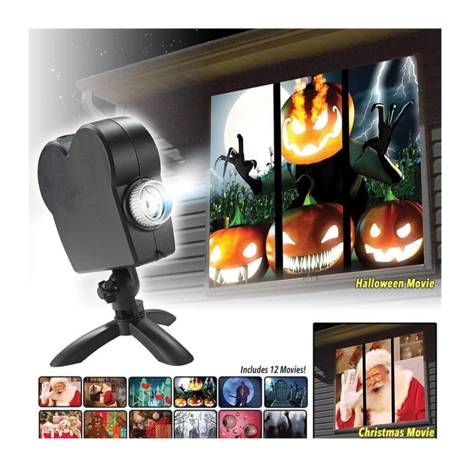 Lumière du projecteur Projecteur holographique de fête de noël d'halloween, nuits effrayantes, 12 films, Mini trépied de cinéma maison, projecteur LED d'intérieur et d'extérieur Décorations de Noël, l