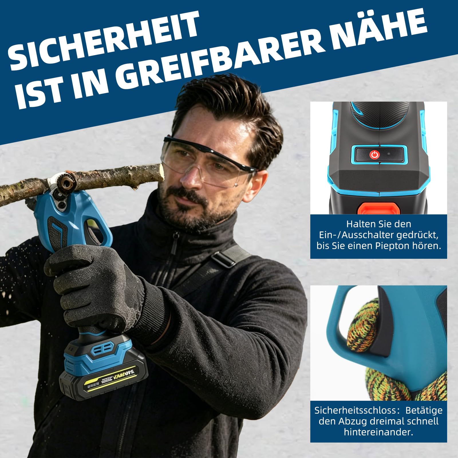 Akku Astschere 40 mm Schnittdurchmesser – SK5 Klinge | bürstenloser Motor, LED-Display, inkl. 2x 2000mAh Lithium-Akku, Handsäge, Handschuhe & Wetzstein,Komplettes Gartenscheren-Set