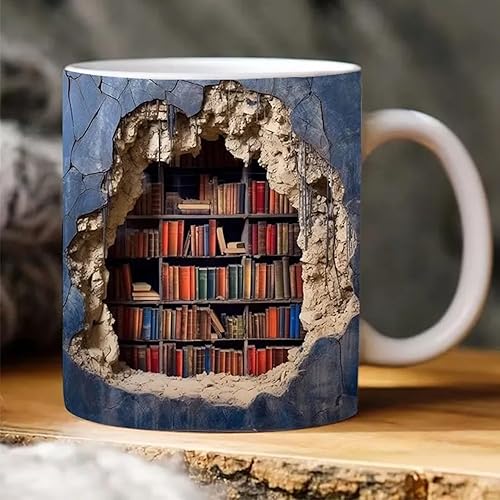 Taza 3D de estantería - Taza de libro 3D, taza de café con libro, taza de café de libro, tazas de cerámica con diseño creativo del espacio, regalo