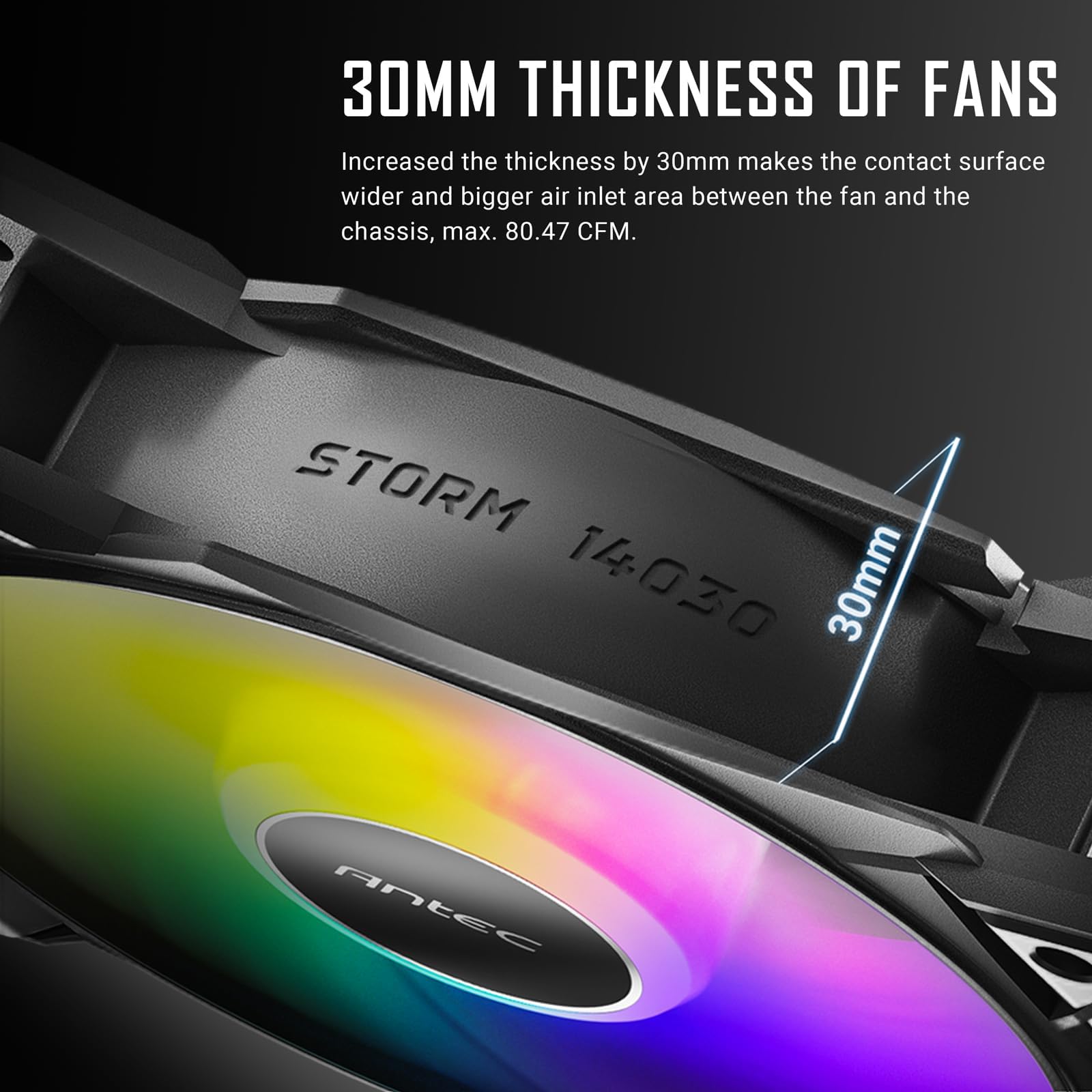 Antec 140mm RGB Fans, 140mm Case Fans, 30mm Thickness Case Fan, 1500 RPM with 95.44CFM, 1.94mmH?O, 5V 3Pin Addressable RGB Fans with Controller, Motherboard SYNC and 4 Pin PWM Control, Storm T3 Series
