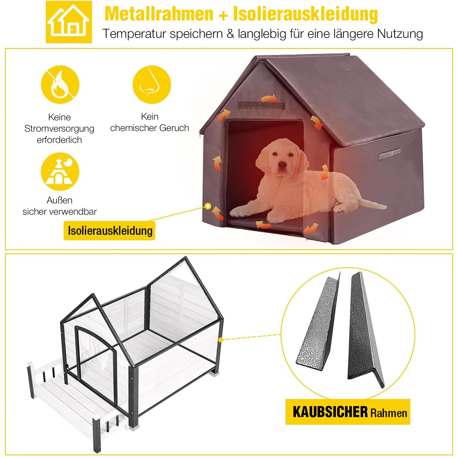 Aivituvin Outdoor Hundehaus mit isolierter Futterung, Wasserdichtes Welpen Schutzhaus, Indoor Hundehütte, beißgeschütztes Design, für kleine bis mittlere Hunde mit Veranda (weiß, L mit isolierter)