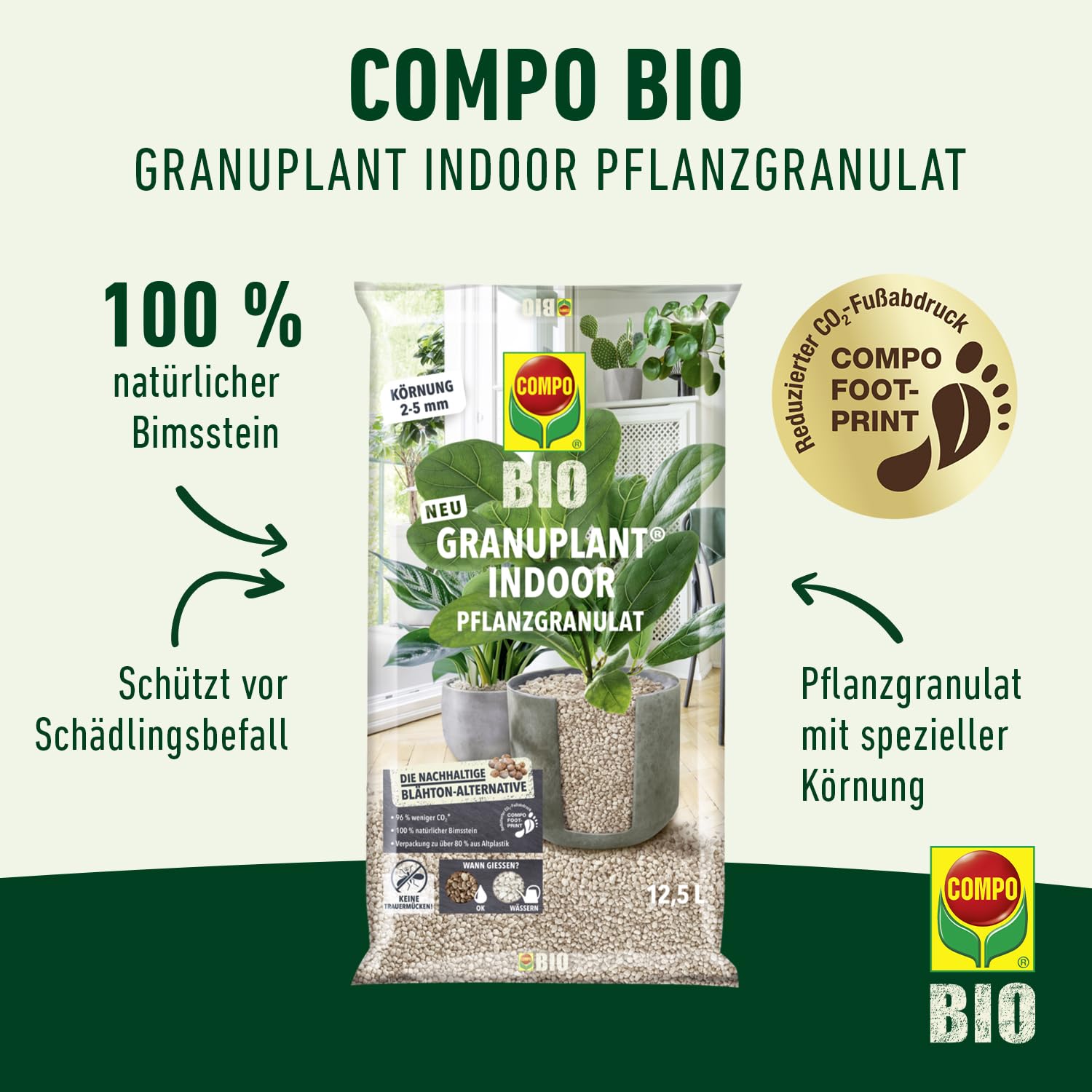 COMPO Granuplant Bio - Granuli vegetali per interni – 100% naturale in pietra pomice – grana da 2 – 5 mm – 12,5 l