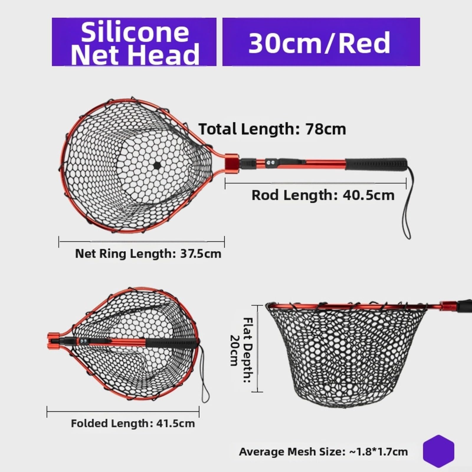 Rete pieghevole retino con maglia in silicone, impugnatura antiscivolo, portata fino a 6,3 kg, per la pesca, gancio per il fissaggio