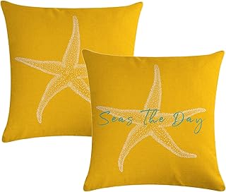 7COLORROOM Set of 2 Seas The Day Throw Pillow Cover Beach Starfish On Yellow Background Cushion Cover Coastal Sea Theme Home Decorative Pillowcases 18" x 18" for Sofa Couch Porch (18" x 18", Yellow)