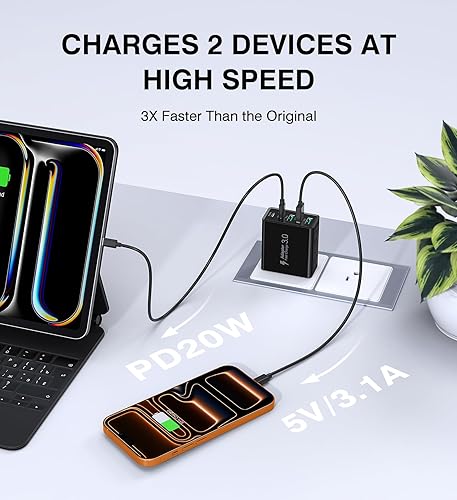 Miniatura 3 de [Paquete de 2] Cargador de pared USB C, bloque de cargador USB C de 50 W, bloques de carga rápida PD de 5 puertos, 2USB C + 3USB A enchufe negro