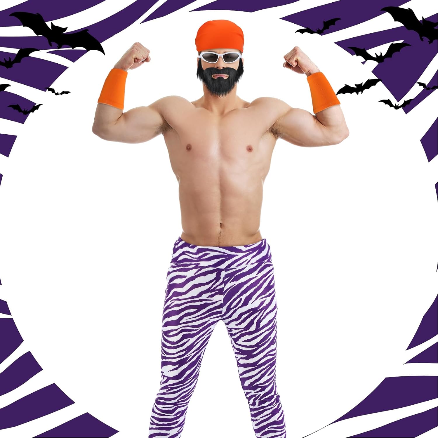 5 Pcs Halloween World Wrestling Costume for Men Tough Guy Wresting Outfit Set with Zebra Pants Headscarf Fake Beard Sunglasses for Adult Outfit Cosplay - Image 4
