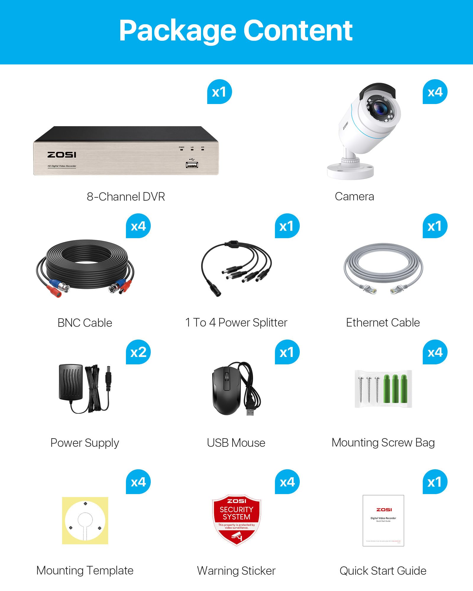 ZOSI Kit de Cámara de Vigilancia Exterior 8CH H.265+ 1080p DVR 5MP Lite, 4 Cámaras, Visión Nocturna, Alarma