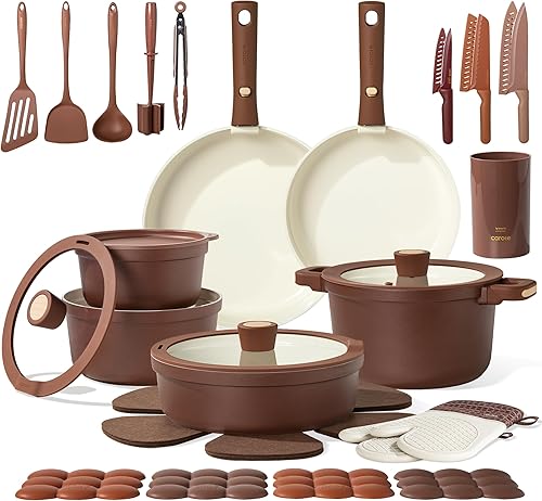 CAROTE Juego de utensilios de cocina de cerámica con artículos esenciales de cocina, juego de ollas y sartenes desmontables antiadherentes, no