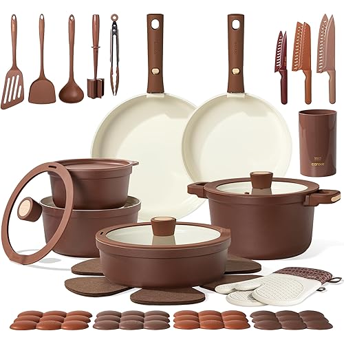 CAROTE Ceramic Cookware Set with Kitchen Essentials, Detachable Pots and Pans Set Non Stick, Non Toxic Oven/Dishwasher Safe, Induction Cooking, Gift Set, Includes Knife/Utensil Set