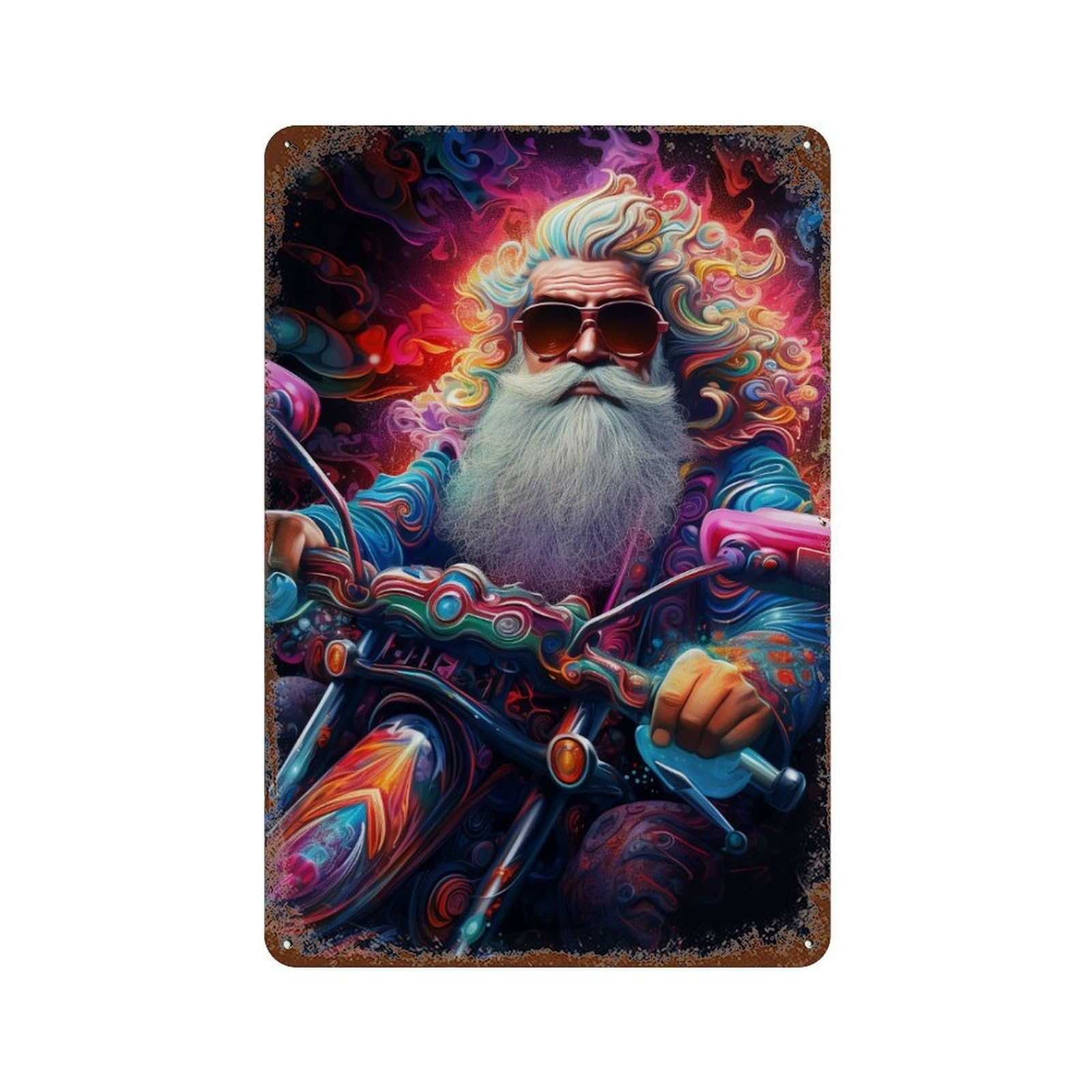 Biker Santa Art Print Weathered Tin Sign 11.8"x7.9", for Shed, Workshop And Garage Wall Decor, Decorative Metal Wall Art