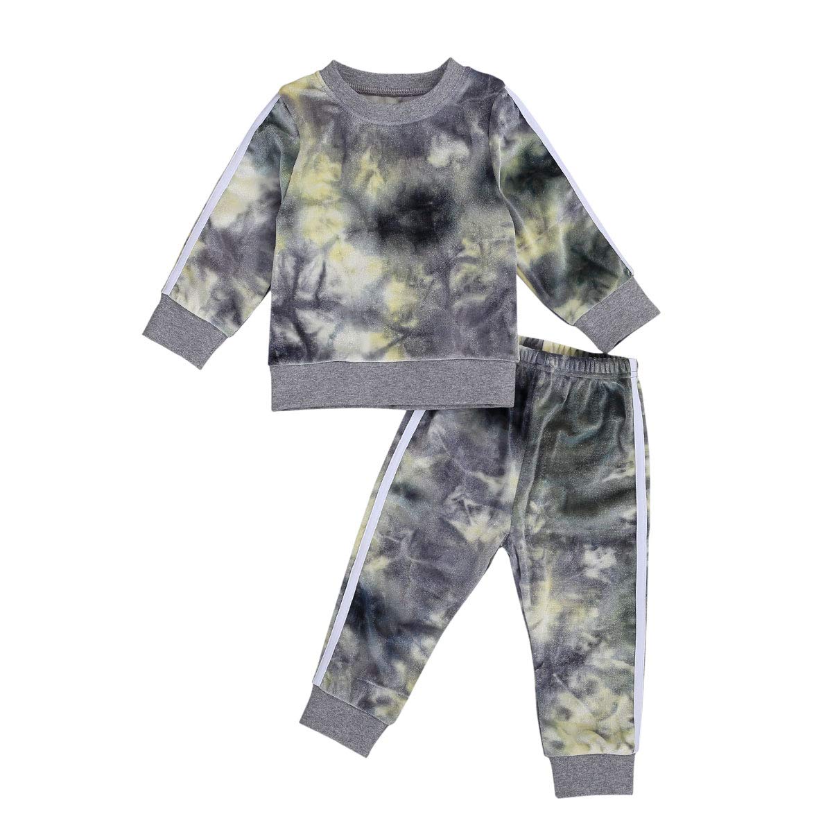 1-6T Toddler Boy Girl Tie Dye Velvet Hoodie Pullover Sweatshirts+Pants Trousers 2PCS Outfits Set Kids Fall Winter Clothes (Gray Tie dye, 5T-6T)