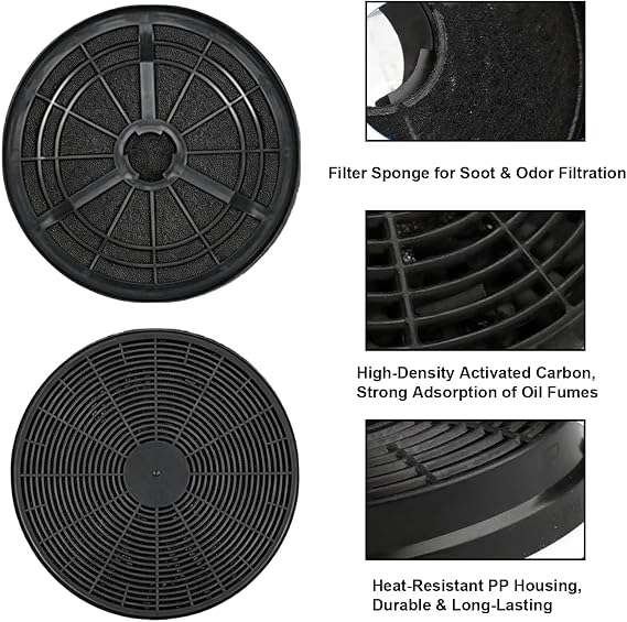 SANTUO Cooker Hood Filter Replacement 2Pcs, Activated Carbon 175mm Diameter Charcoal Filters, 35mm Height Round Grease Absorbing Mesh for Kitchen Vent Extractor(black)