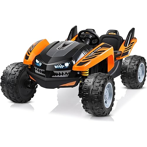 ANPABO 24V Ride on Shark Car Toy w/Remote Control, 4x200W, Max 5.1MPH, Off-Road UTV with EVA Tires, 4-Wheel Suspension, Bluetooth, Ideal Gift for Kids Aged 3-12, Orange-Black