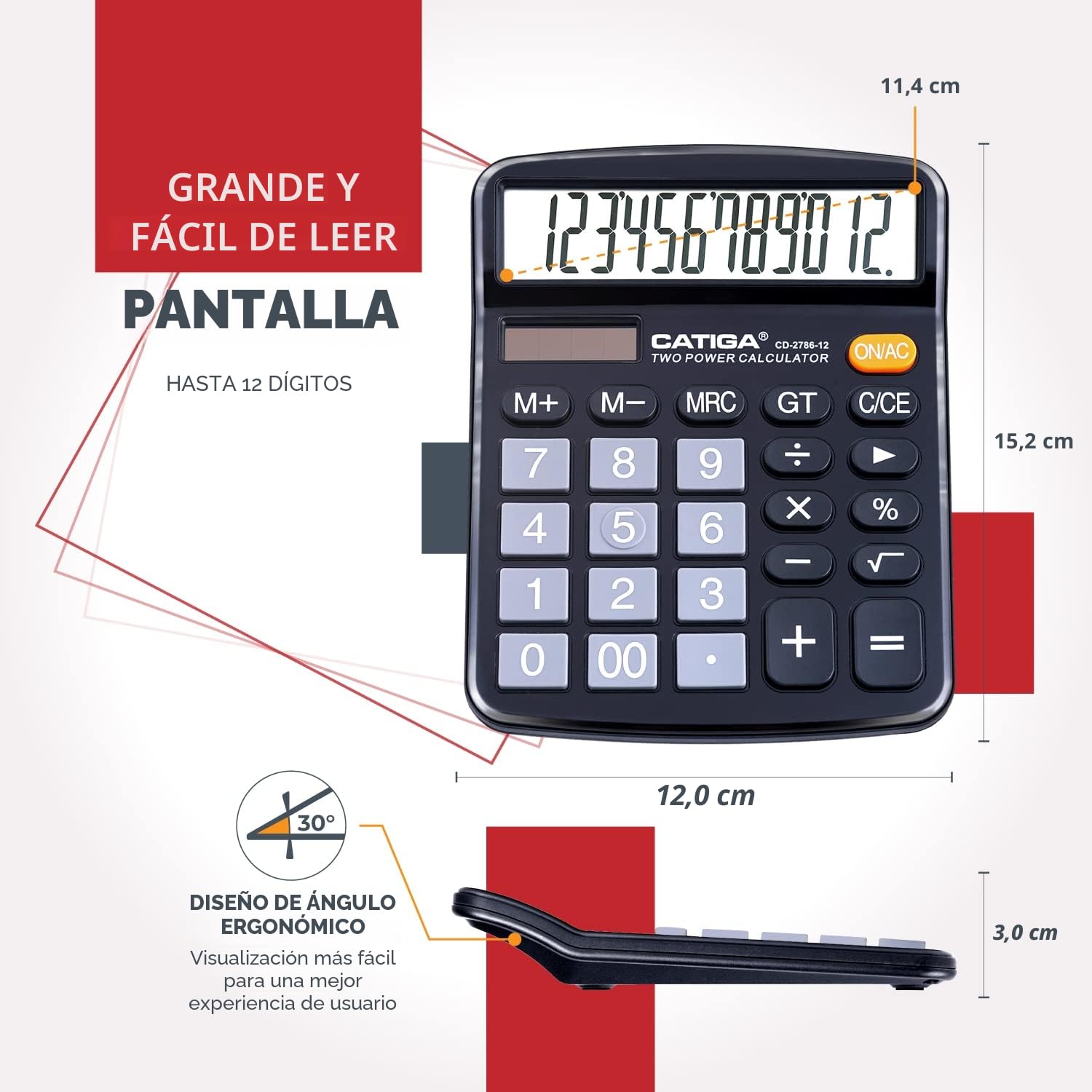 Calculadora de Escritorio de 12 dígitos con Pantalla LCD Grande y botón Sensible, Doble alimentación Solar y batería, función estándar para Oficina, hogar, Escuela, CD-2786