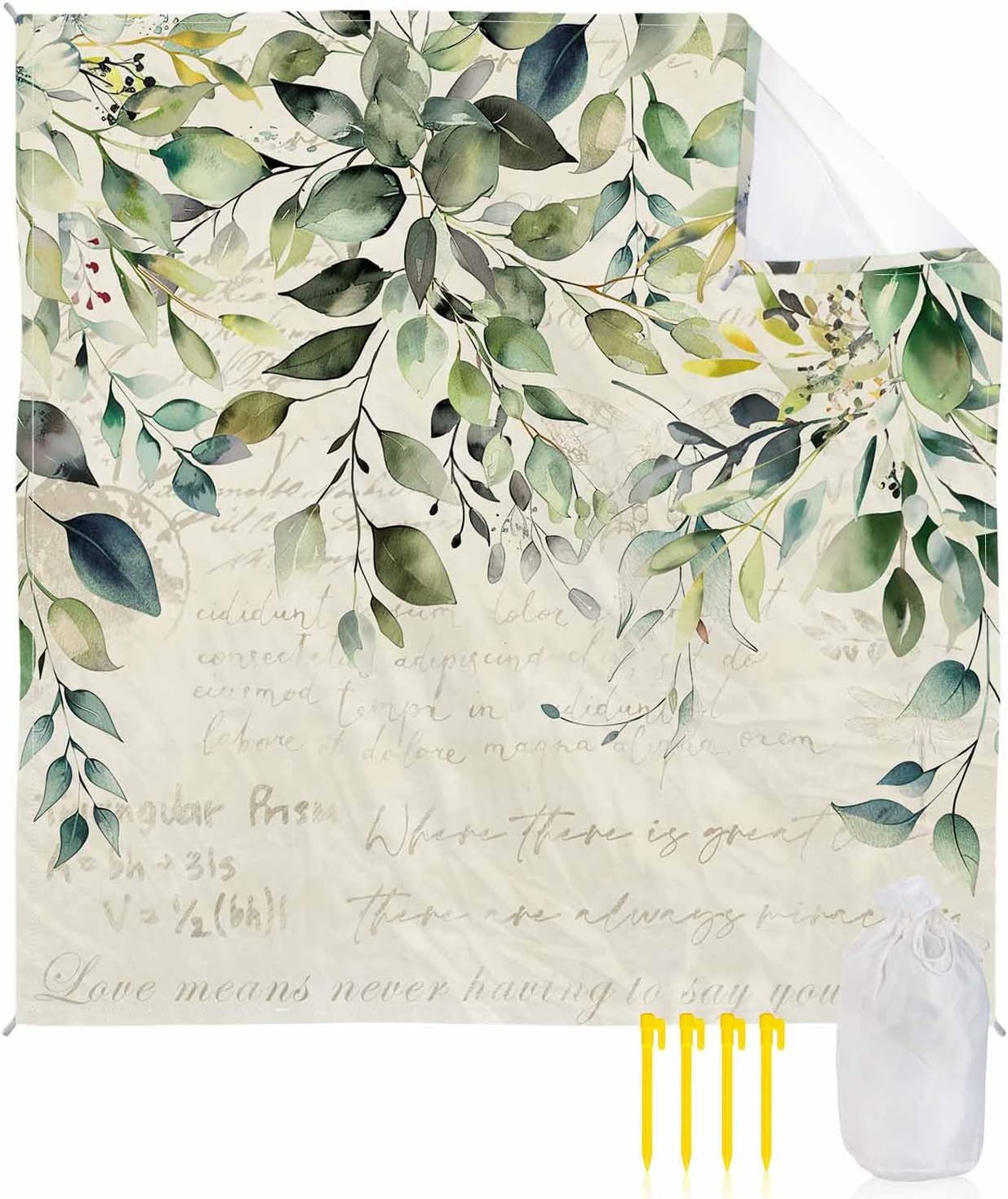 Watercolor Leaves on Retro Letter Beach Blanket Waterproof Sandproof Outdoor Picnic Mat 95"x80" Botanical Green Foliage Plant Lightweight Large Beach Blankets with 4 Stake & 4 Corner Pockets