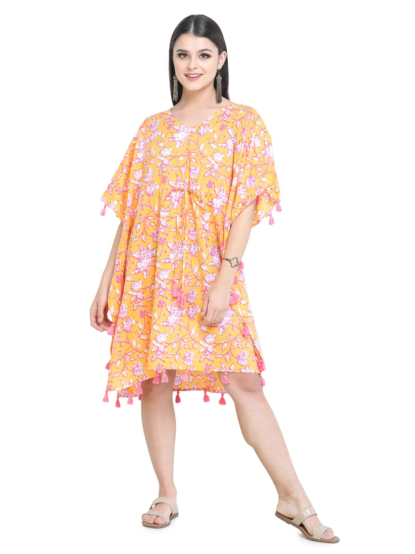 meve Black 100% Cotton Comfy Kaftan for Loungewear Yellow with Fringes-picture-28
