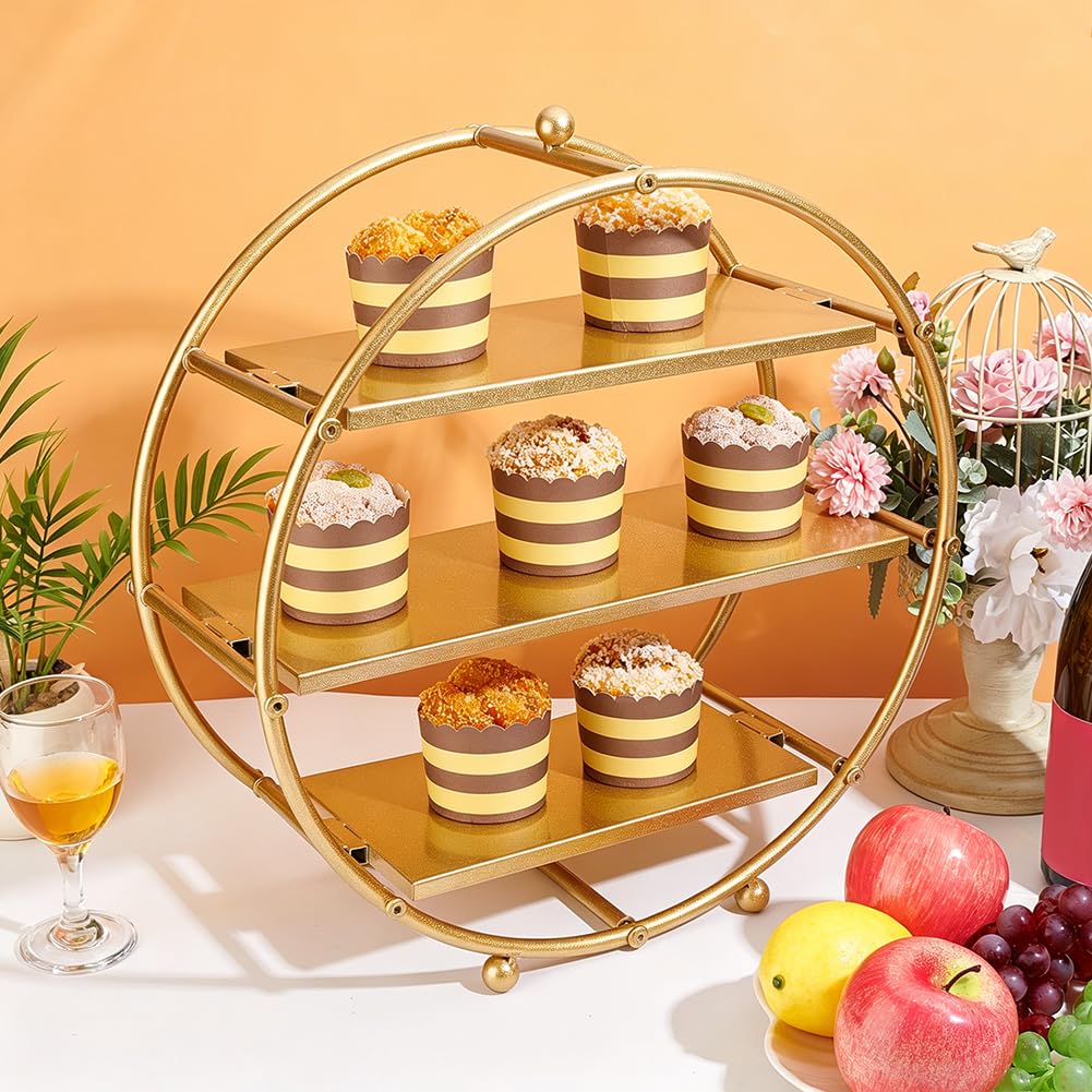 AHANDMAKER Soporte redondo para cupcakes de 3 niveles, 42 cm de alto, dorado mate, contemporáneo, para aperitivos, exhibición de aperitivos para banquetes de boda, fiesta, mesa, servir