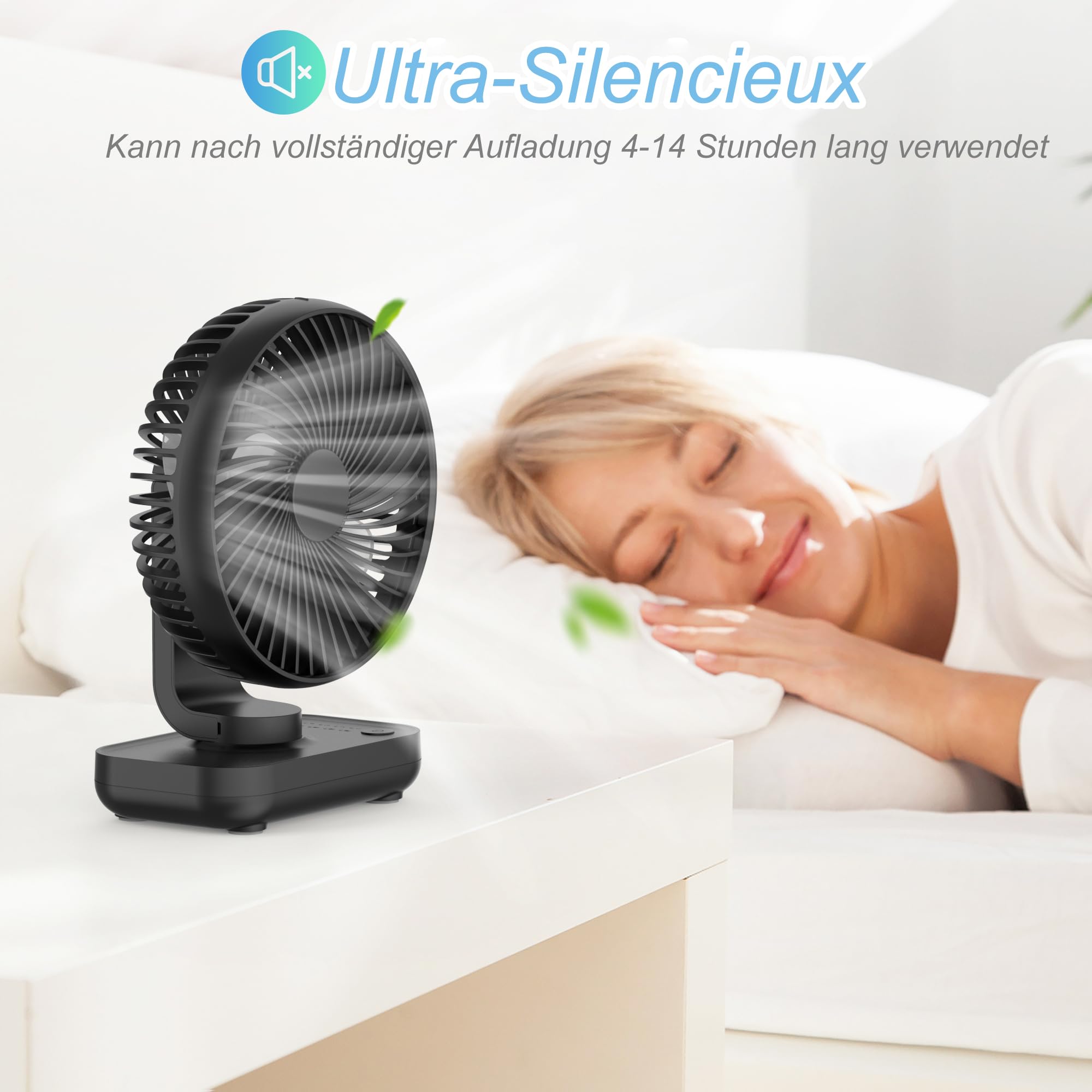 Joneytech Ventilateur de bureau rechargeable, 4000 mAh, alimenté par USB, ventilateur de table silencieux avec 4 vitesses, puissant ventilateur électronique silencieux pour la maison, le bureau, la