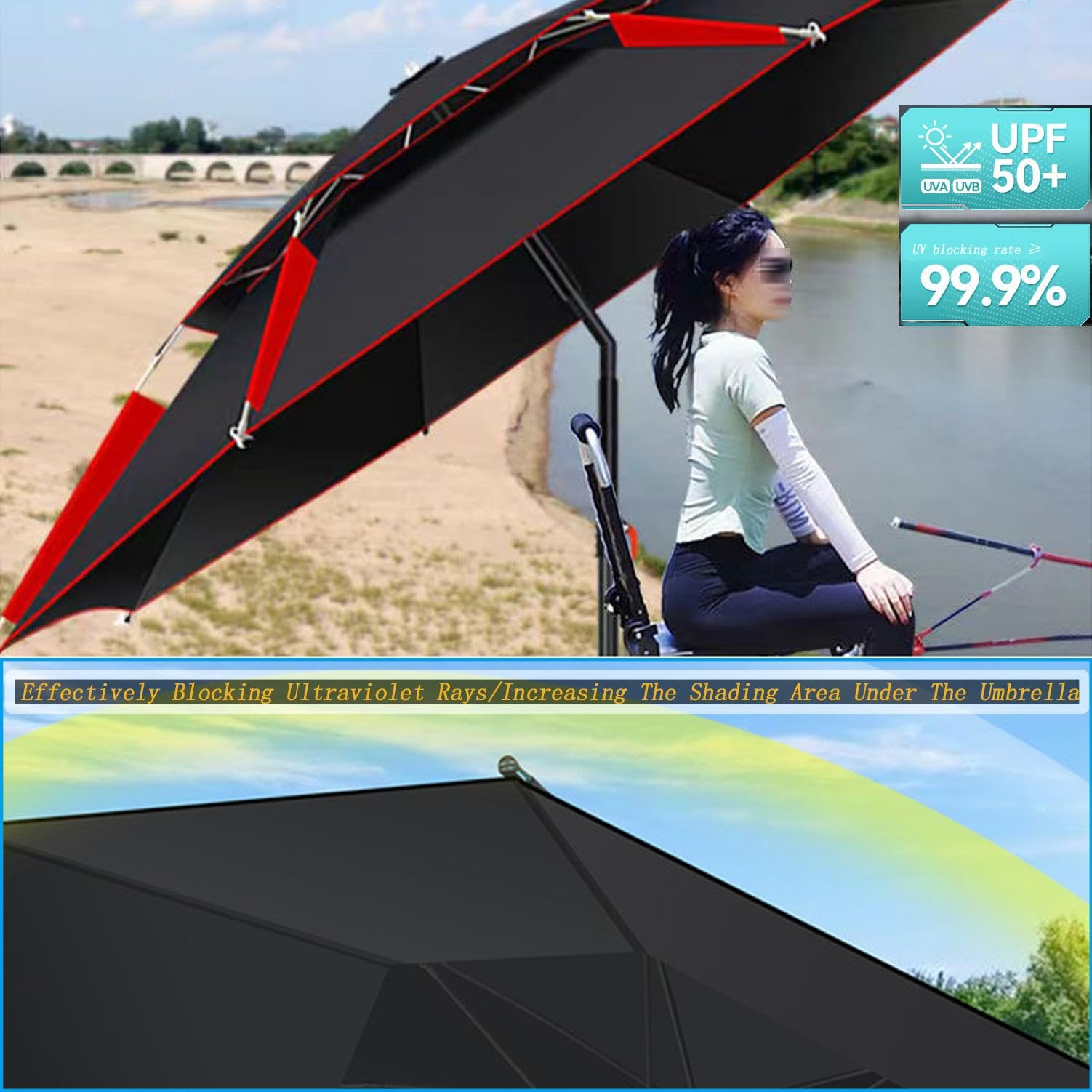 Gran sombrilla 260/240/220cm, pesca a prueba de viento UV50+, inclinada en la punta, viaje/camping/senderismo, 2.2m
