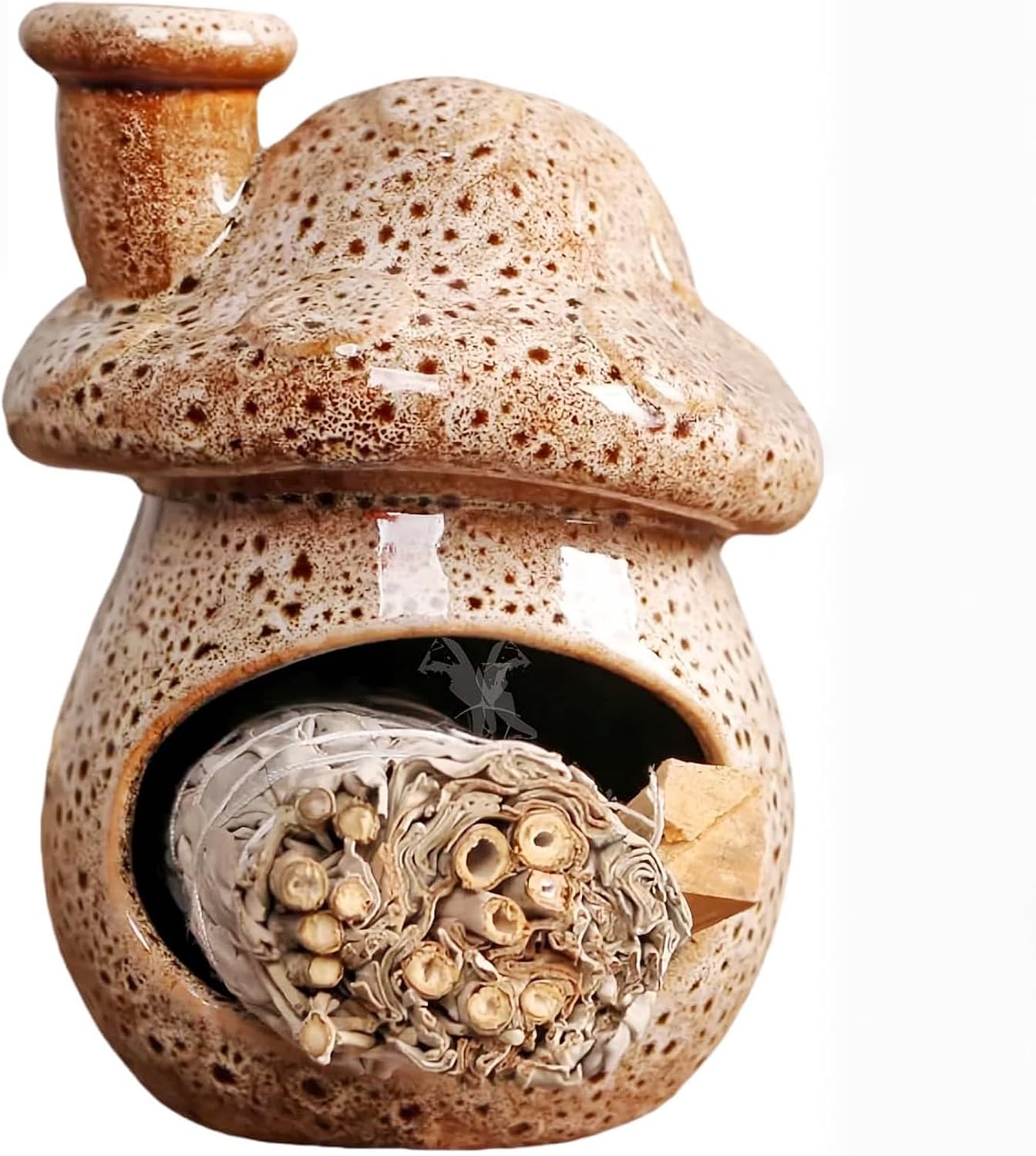 Fay Bless Handmade Ceramic Incense Burner – Blue & White Ash Catcher Tray for Palo Santo, Sage & Sticks, Decorative Chiminea Holder for Yoga, Meditation & Home Decor (Spotted Brown)