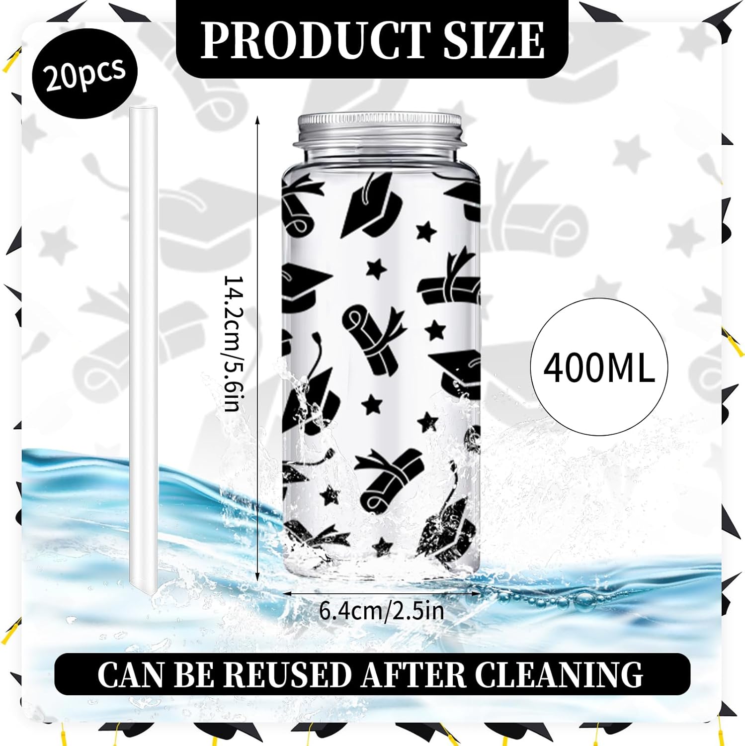 Whaline 20Pcs Graduation Plastic Cups with Lids and Straws Clear Congrats Grad Party Drinking Cups 13.5oz Grad Hat Diploma Scroll Reusable Tumblers for Party Supplies