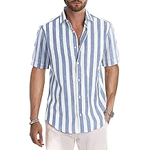 Men's Casual Stylish Short Sleeve Button-Up Striped Dress Shirt Cotton Beach Shirts