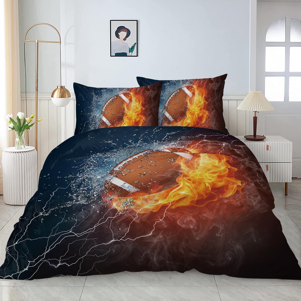 ARIGHTEX American Football Bedding Fire and Ice Brown Ball Flames Pattern Duvet Cover Sports Themed Bedding Dark Blue Orange Boys Duvet Cover Full