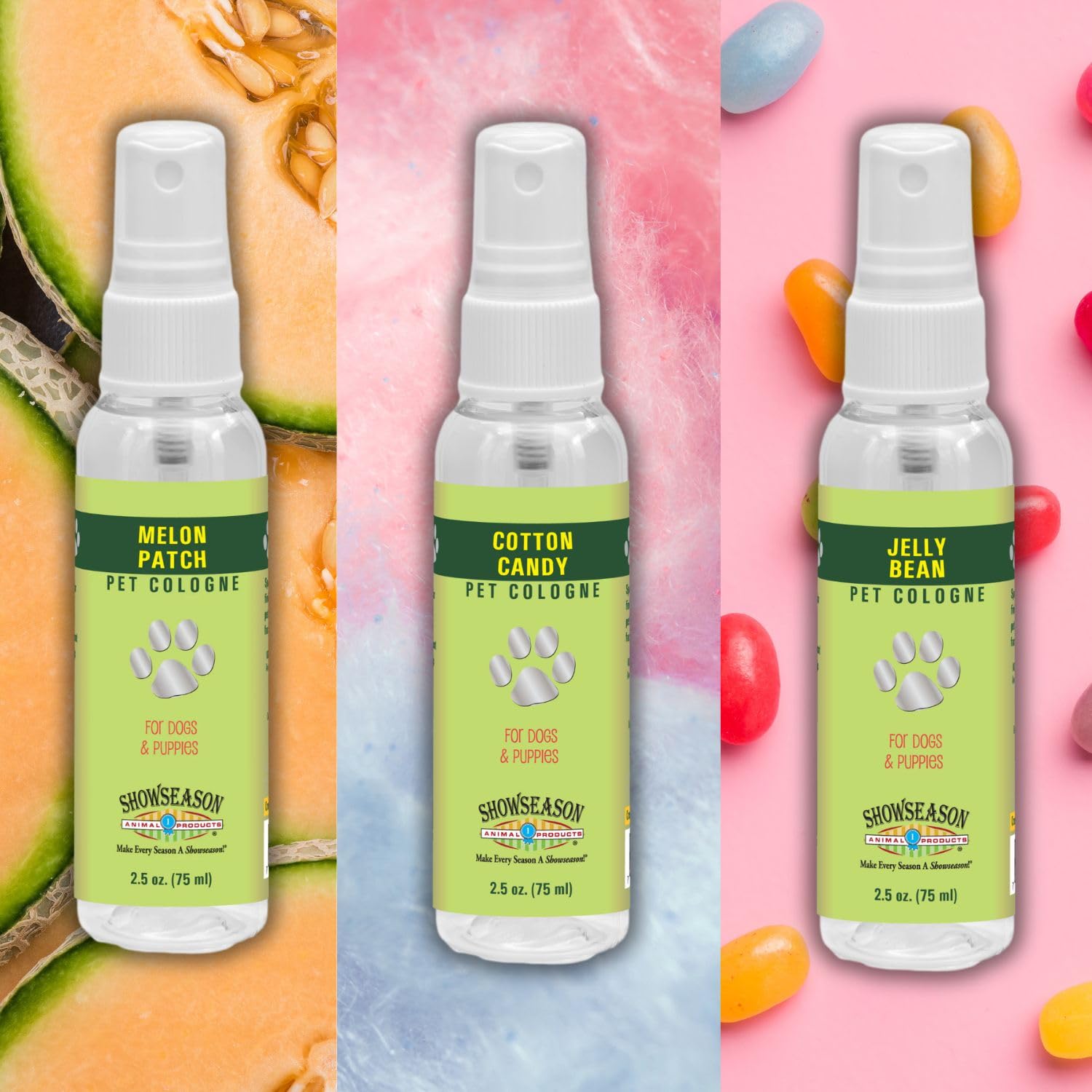 3-Pack Showseason Pet Perfume Sweet & Fruity Scents: Cotton Candy, Jelly Bean, Melon Patch | Long Lasting Deodorizing Cologne for Puppies and Dogs | Made In The USA