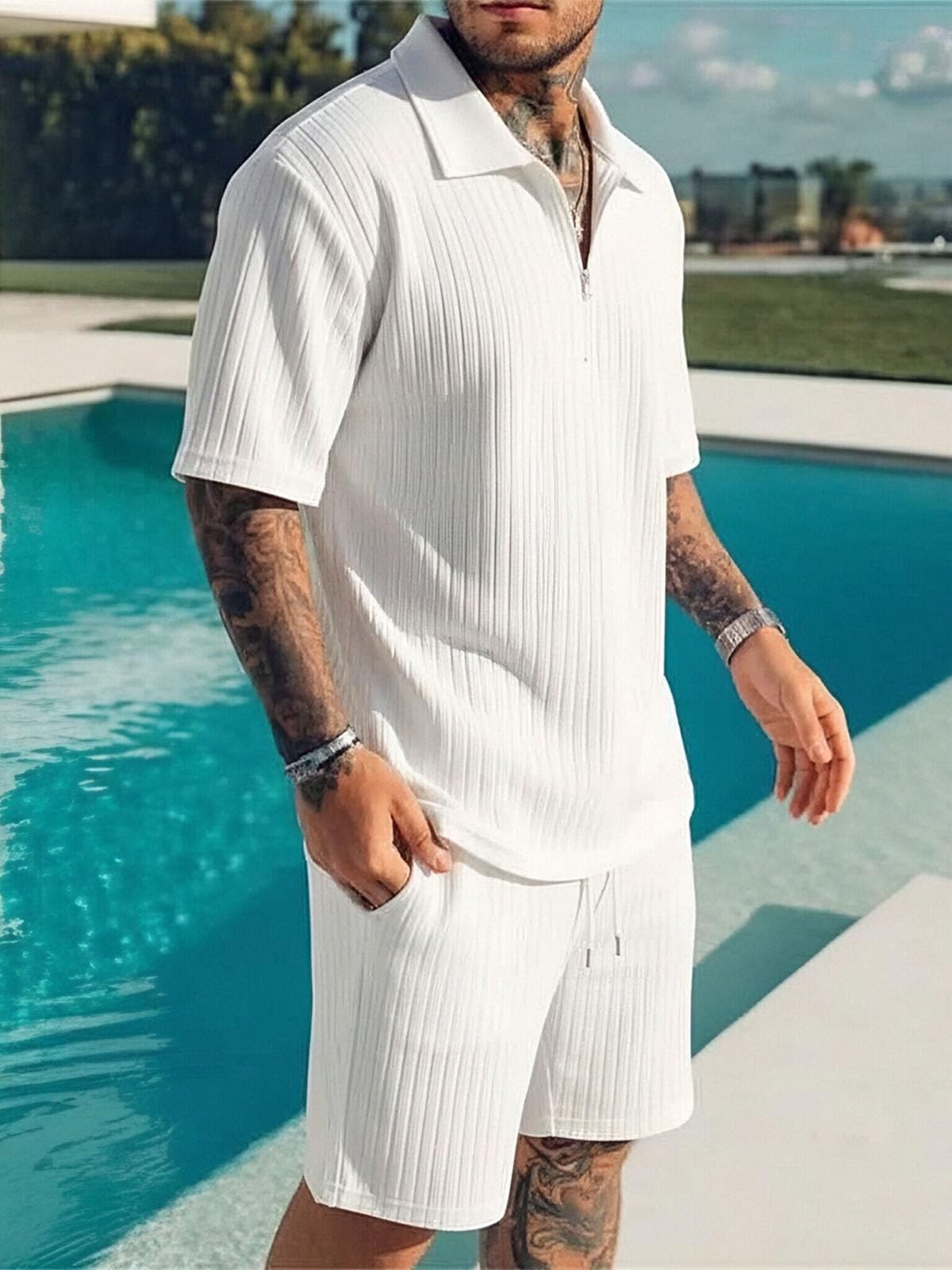 Conjunto Verano Hombre 2 Piezas Cremallera Camiseta y Pantalones Cortos Chándal con Bolsillos