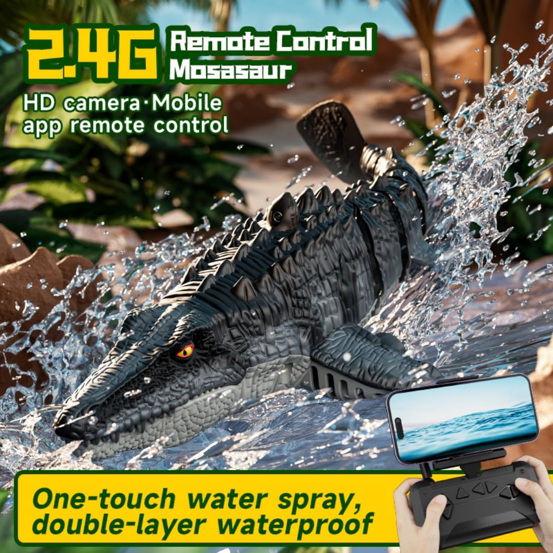 S11 Hochsimuliertes RC Mosasaurus Boot mit 8K-Kamera, 2,4GHz Wi-Fi Wasserdinosaurier-Spielzeug, Wasserdichtes Ferngesteuertes Spray-Boot mit Dual-Motor, LED-Lichtern für Erwachsene