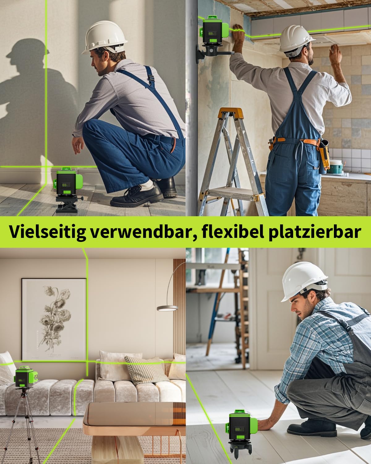 Cross Line Laser, niveau à bulle laser vert auto-nivelant 4x360 degrés avec affichage numérique, laser rotatif avec batterie au lithium 2 * 2400mAh, laser de construction laser linéaire