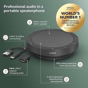 Jabra Speak2 55 Wireless Bluetooth Speakerphone with 4 Noise-cancelling Mics, Full-range 50mm Speaker, Wideband Audio, Compact and portable - MS Teams Certified, Works with Other Platforms - Dark Grey