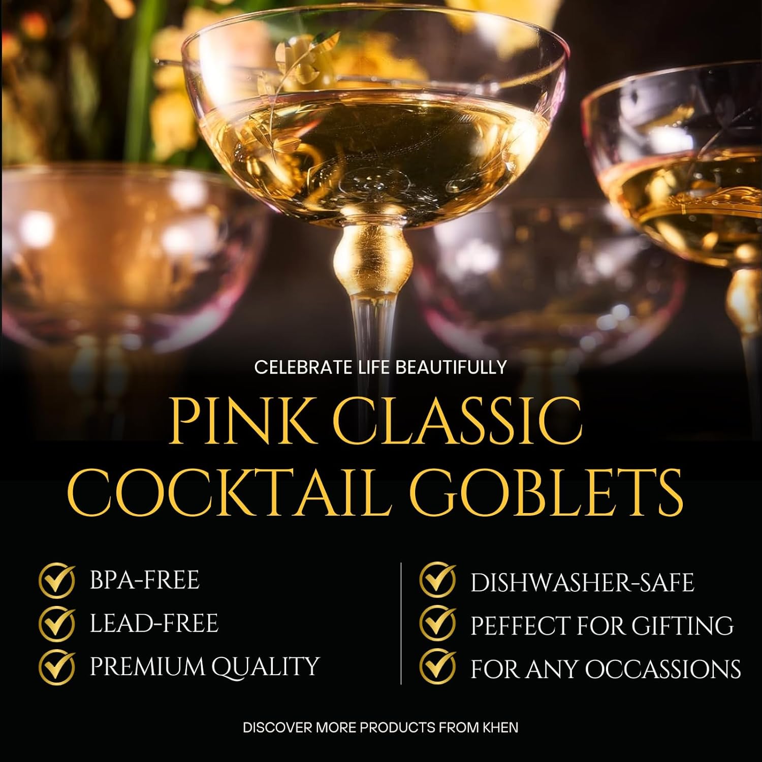 Art Deco Coupe Cocktail Glasses - Set of 4, 8oz Goblets for Champagne, Martini, Manhattan, Sidecar - Vintage Pink Crystal Glassware with Gold Stems - Speakeasy Style, Elegant Entertaining (Blush Pink)